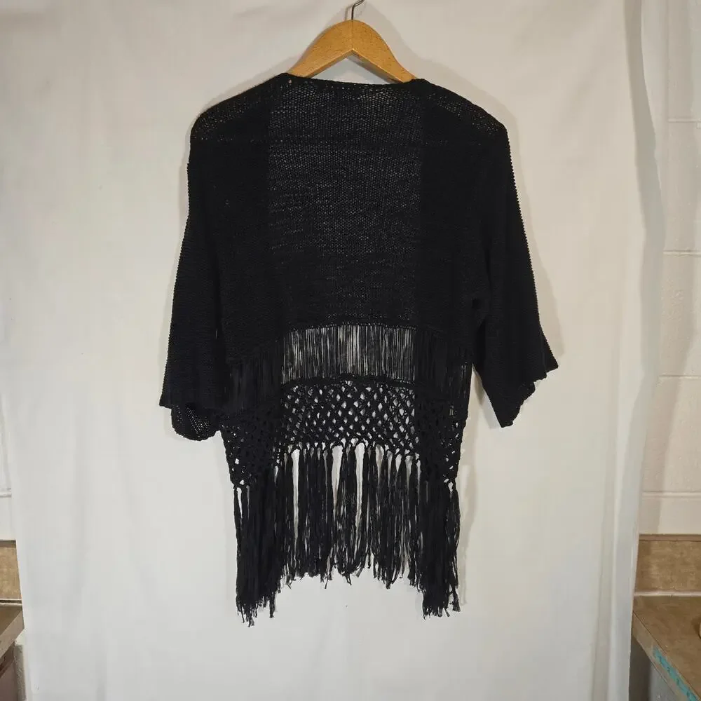 NY Collection Open Knit Cover Up Sweater Fringe Swim Beach Bohemian M - Picture 7 of 8
